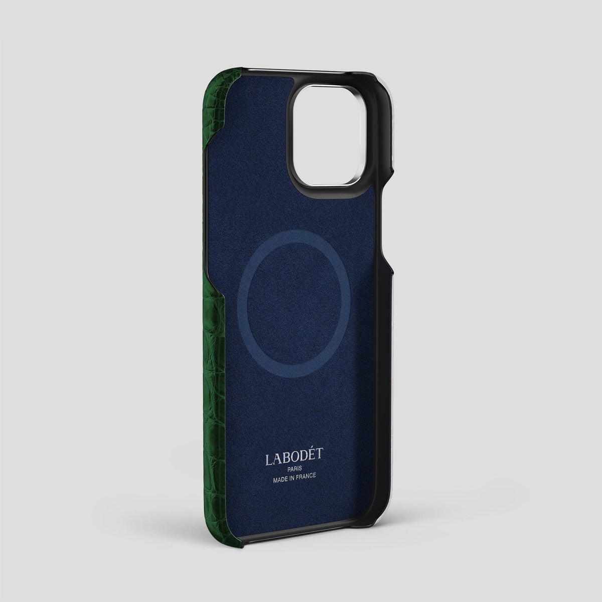 Green iPhone 15 Pro Max Central Handle Case Himalayan Crocodile with Steel Metal -4 | Green-Steel