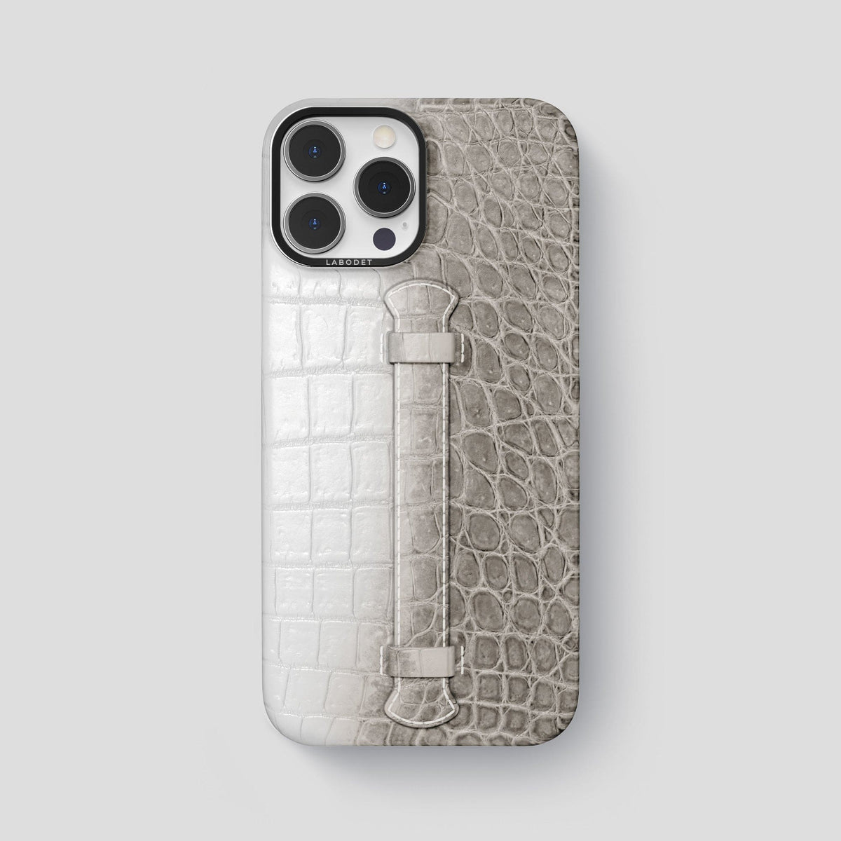 Grey iPhone 15 Pro Max Central Handle Case Himalayan Crocodile with Black Metal -1 | Grey-Black