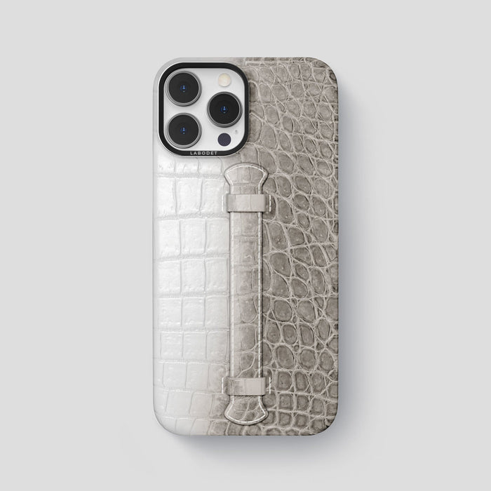 Grey iPhone 15 Pro Max Central Handle Case Himalayan Crocodile with Black Metal -1 | Grey-Black