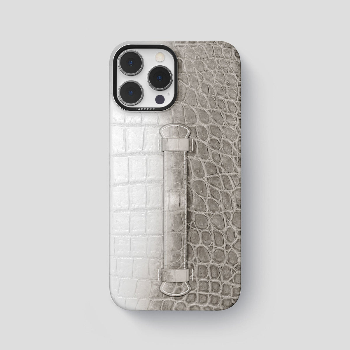 Grey iPhone 15 Pro Max Central Handle Case Himalayan Crocodile with Black Metal -2 | Grey-Black