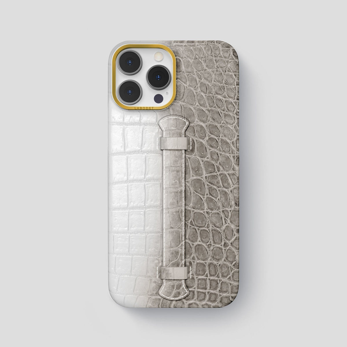 Grey iPhone 15 Pro Max Central Handle Case Himalayan Crocodile with Gold Metal -1 | Grey-Gold