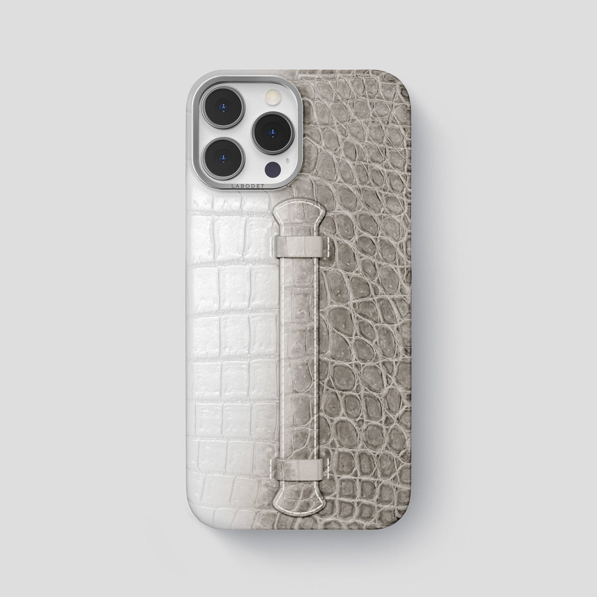 Grey iPhone 15 Pro Max Central Handle Case Himalayan Crocodile with Steel Metal -1 | Grey-Steel