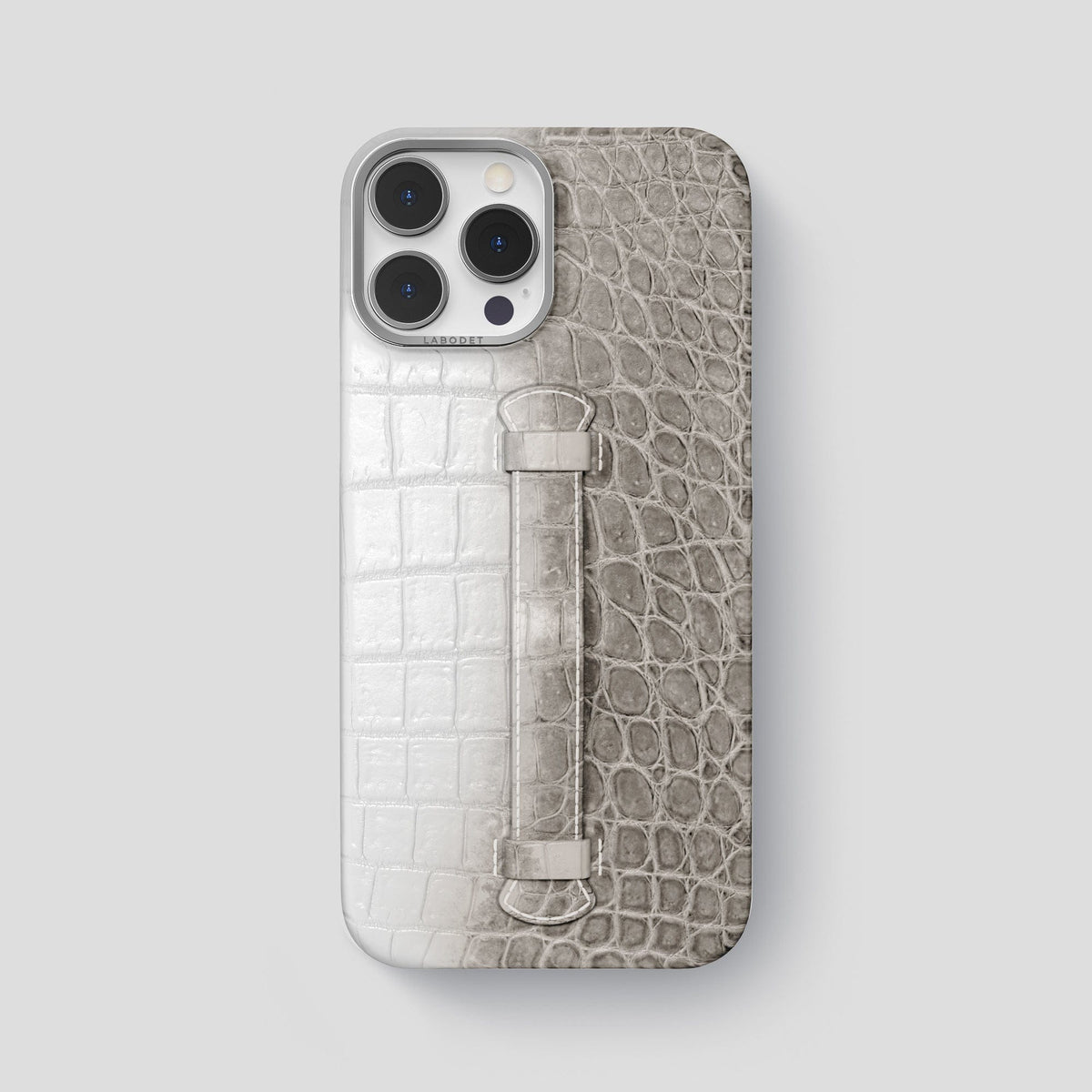 Grey iPhone 15 Pro Max Central Handle Case Himalayan Crocodile with Steel Metal -2 | Grey-Steel
