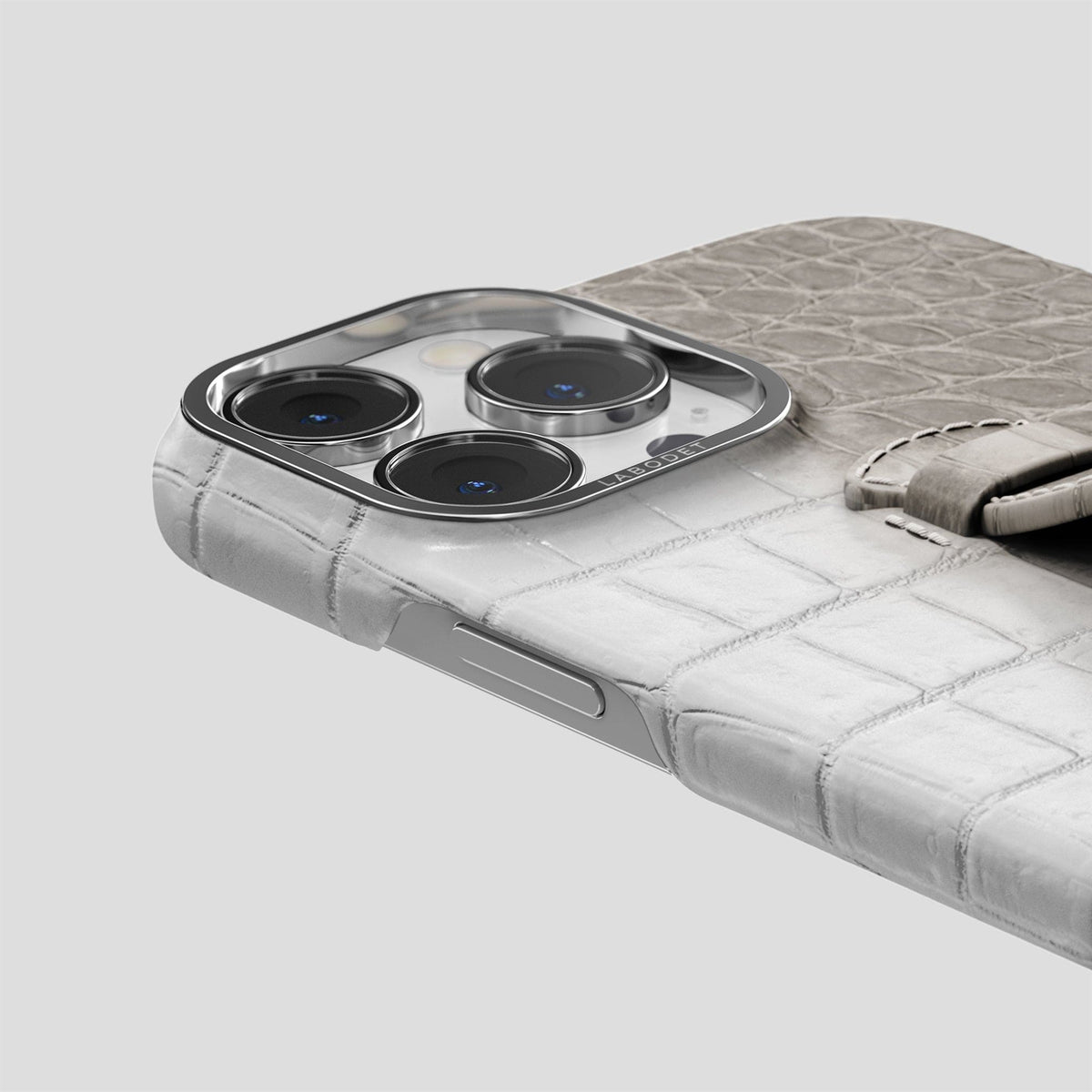 Grey iPhone 15 Pro Max Central Handle Case Himalayan Crocodile with Steel Metal -5 | Grey-Steel