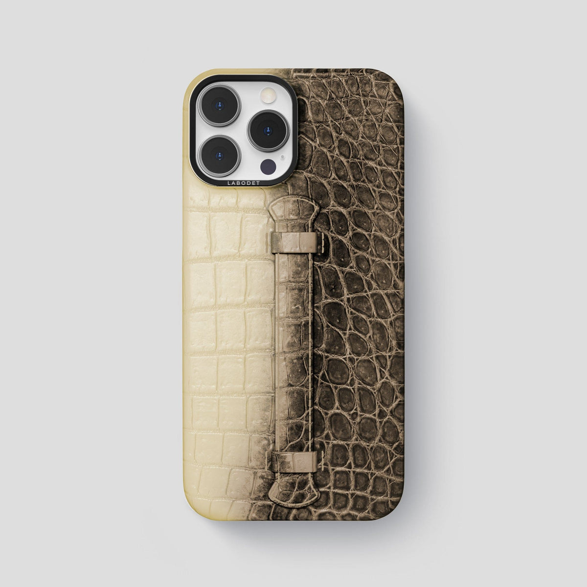Natural iPhone 15 Pro Max Central Handle Case Himalayan Crocodile with Black Metal -1 | Natural-Black