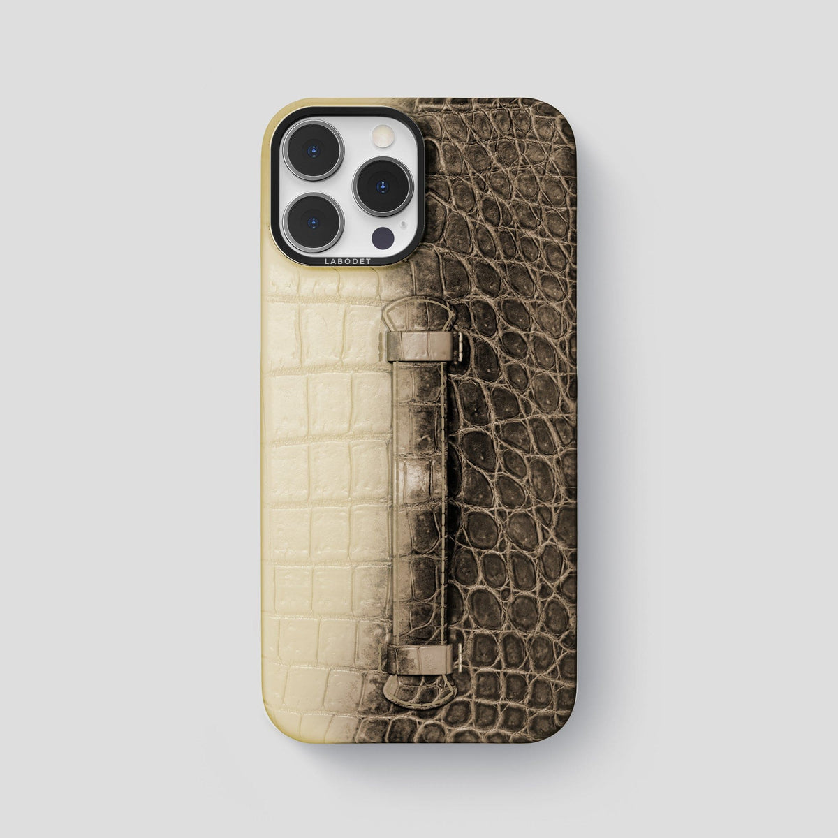 Natural iPhone 15 Pro Max Central Handle Case Himalayan Crocodile with Black Metal -2 | Natural-Black