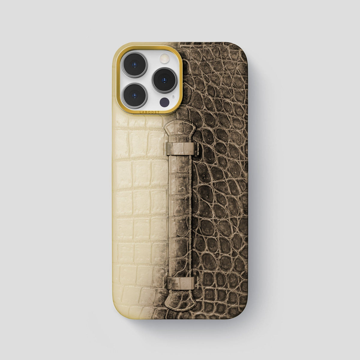 Natural iPhone 15 Pro Max Central Handle Case Himalayan Crocodile with Gold Metal -1 | Natural-Gold
