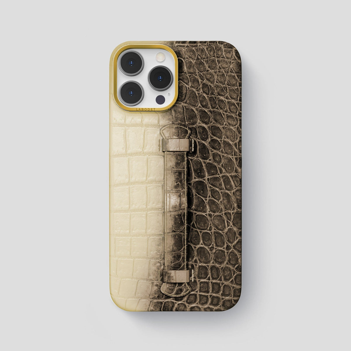 Natural iPhone 15 Pro Max Central Handle Case Himalayan Crocodile with Gold Metal -2 | Natural-Gold