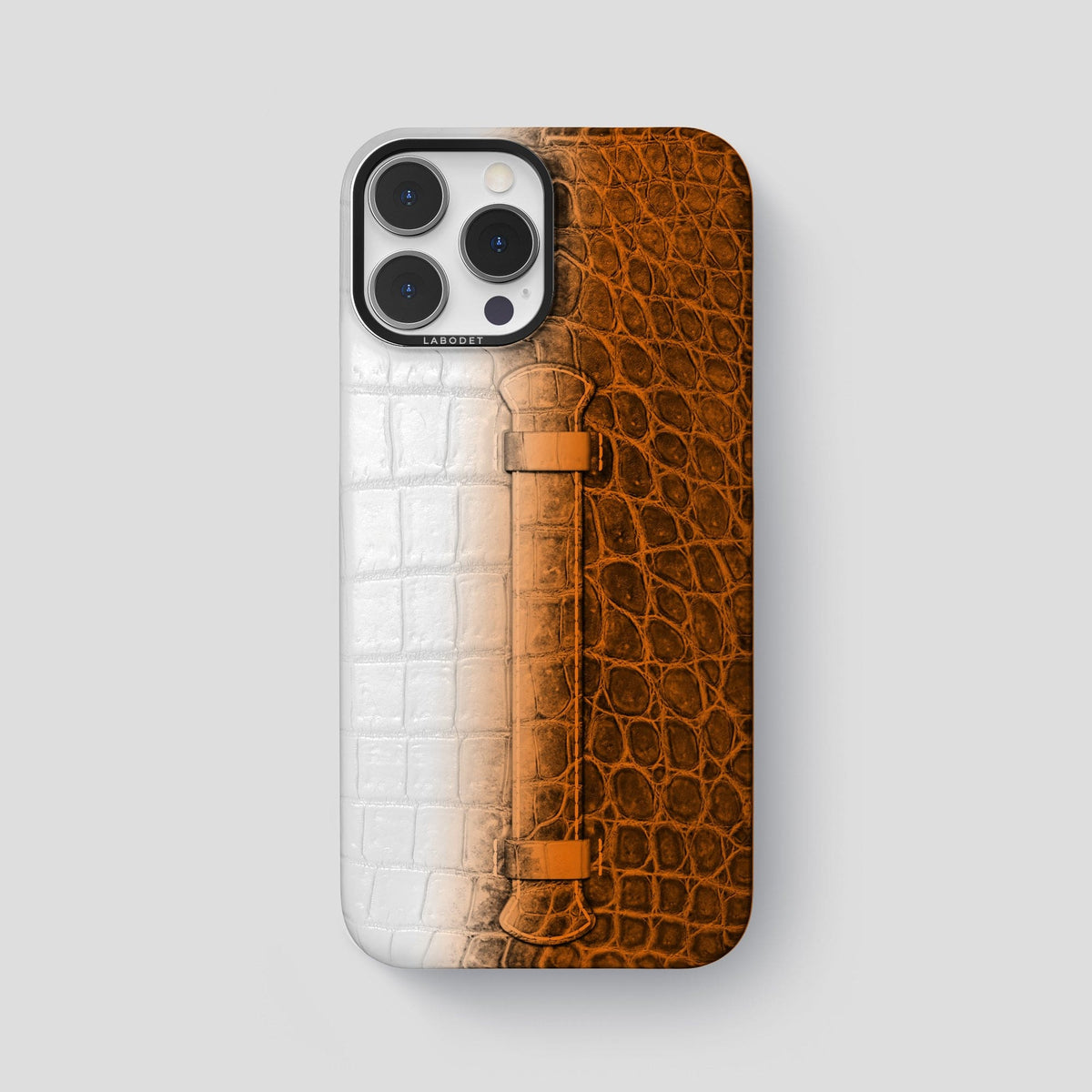 Orange iPhone 15 Pro Max Central Handle Case Himalayan Crocodile with Black Metal -1 | Orange-Black