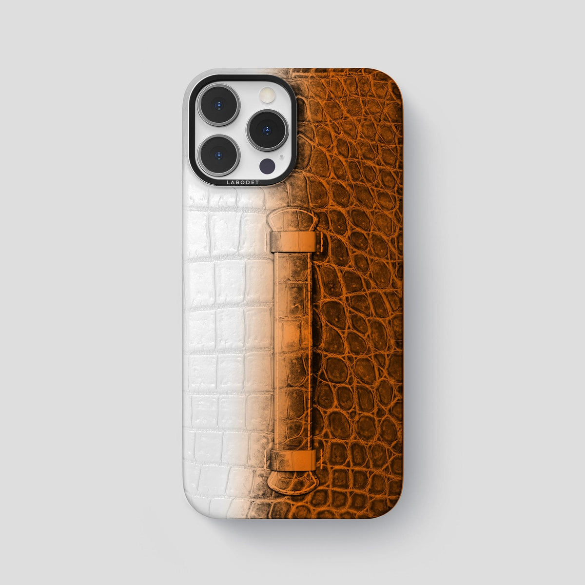 Orange iPhone 15 Pro Max Central Handle Case Himalayan Crocodile with Black Metal -2 | Orange-Black
