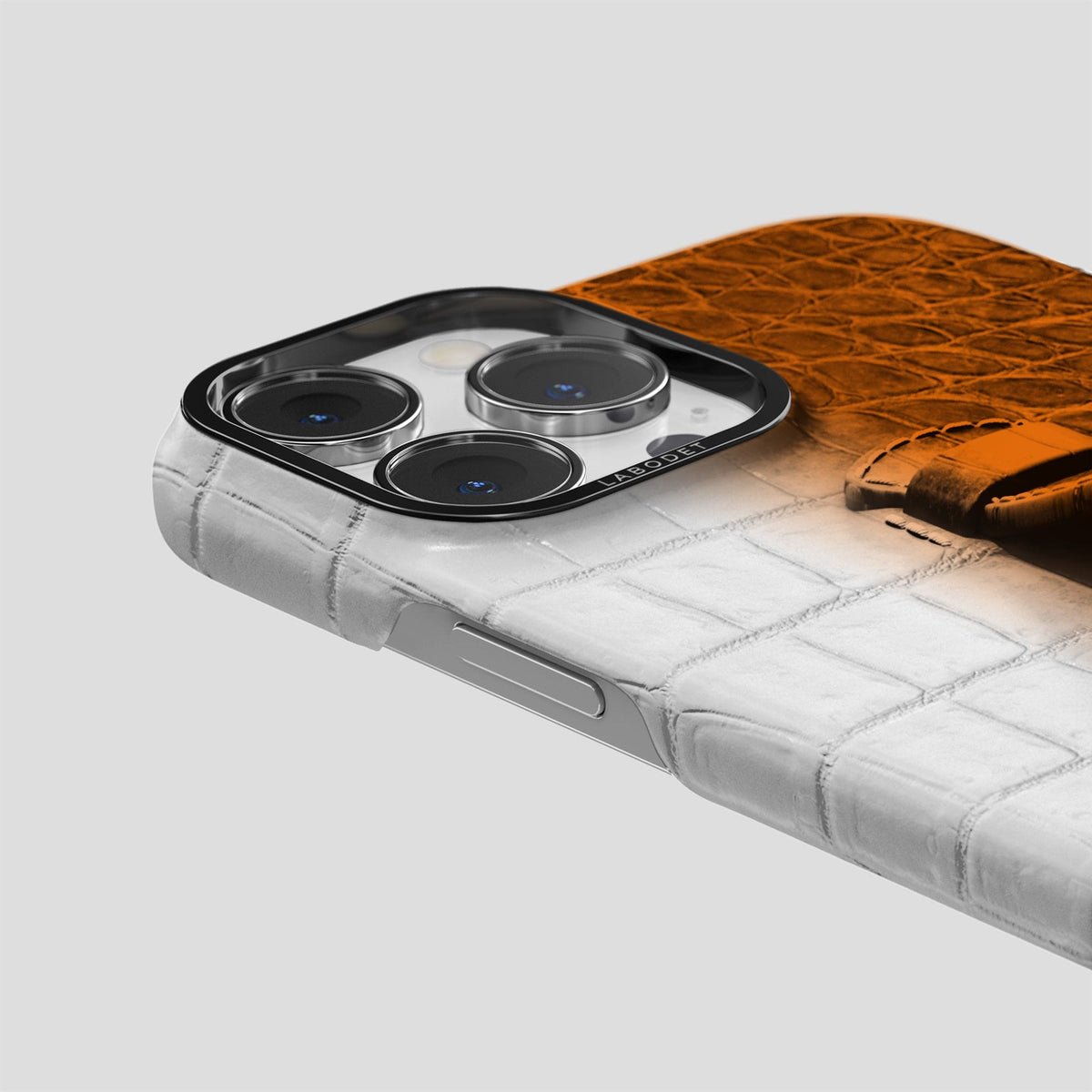 Orange iPhone 15 Pro Max Central Handle Case Himalayan Crocodile with Black Metal -5 | Orange-Black