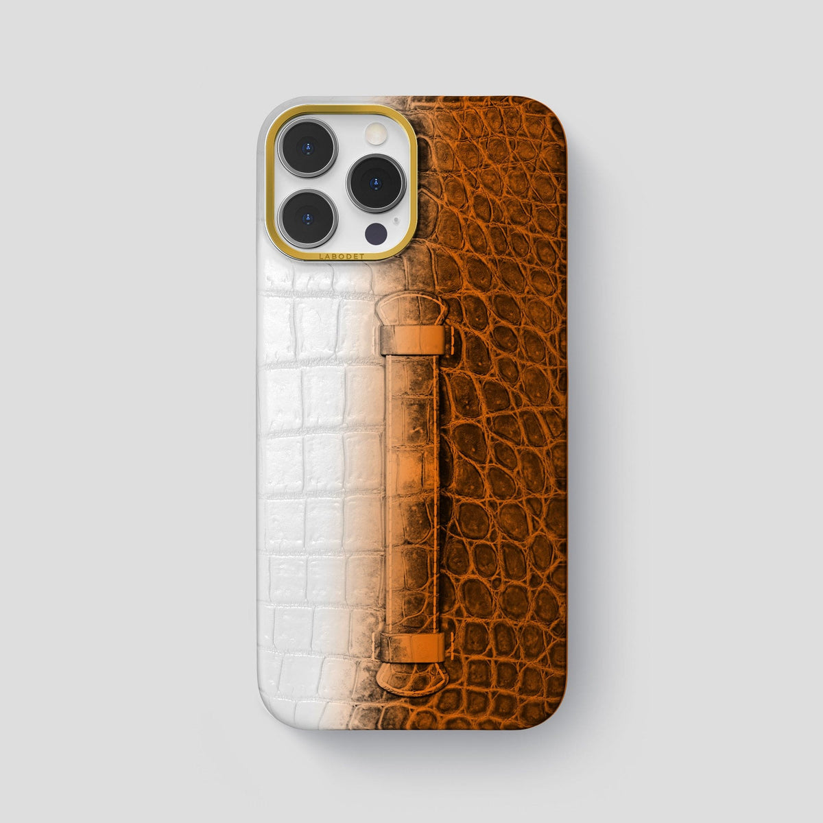 Orange iPhone 15 Pro Max Central Handle Case Himalayan Crocodile with Gold Metal -2 | Orange-Gold