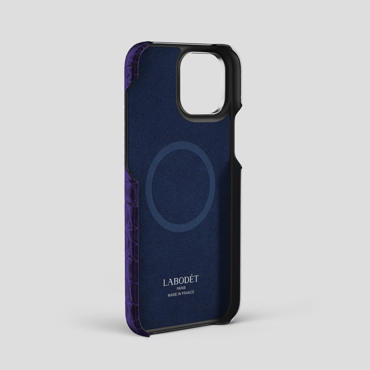 Purple iPhone 15 Pro Max Central Handle Case Himalayan Crocodile with Steel Metal -4 | Purple-Steel