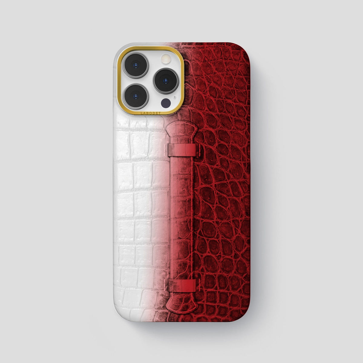 Red iPhone 15 Pro Max Central Handle Case Himalayan Crocodile with Gold Metal -1 | Red-Gold