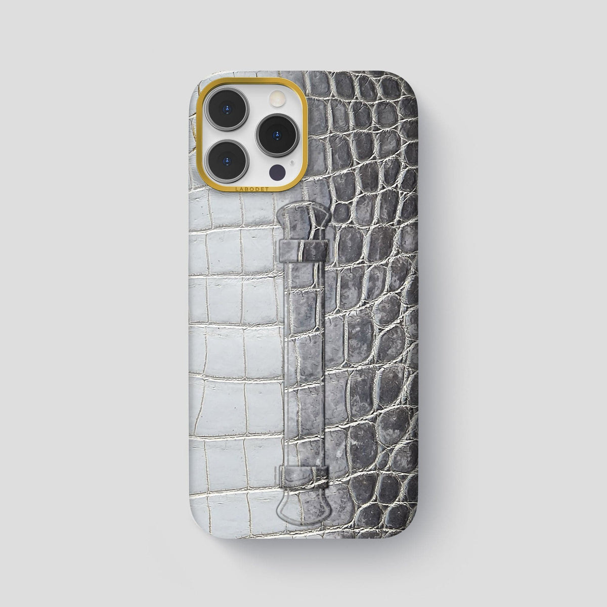 Silver iPhone 15 Pro Max Central Handle Case Himalayan Crocodile with Gold Metal -1 | Silver-Gold