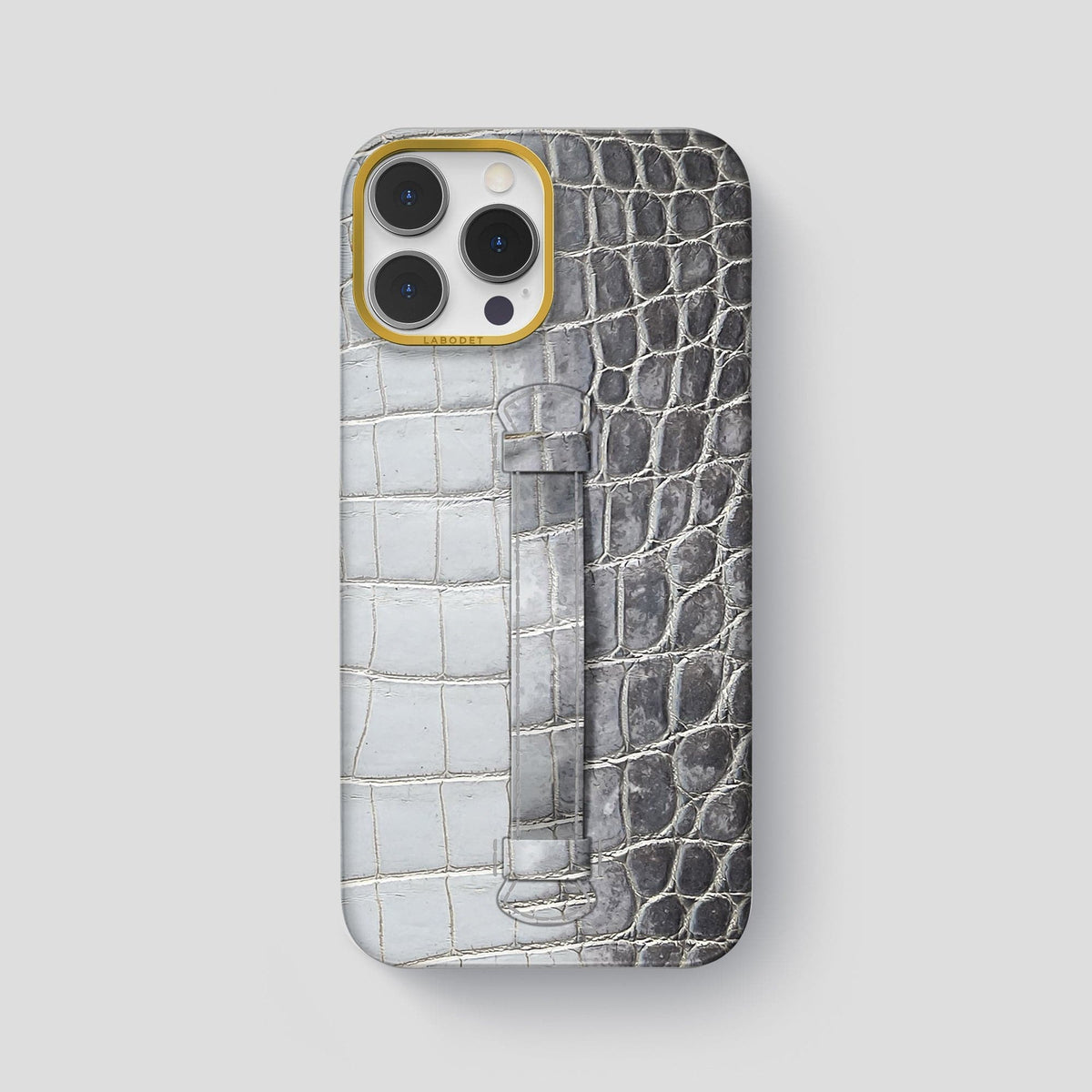 Silver iPhone 15 Pro Max Central Handle Case Himalayan Crocodile with Gold Metal -2 | Silver-Gold