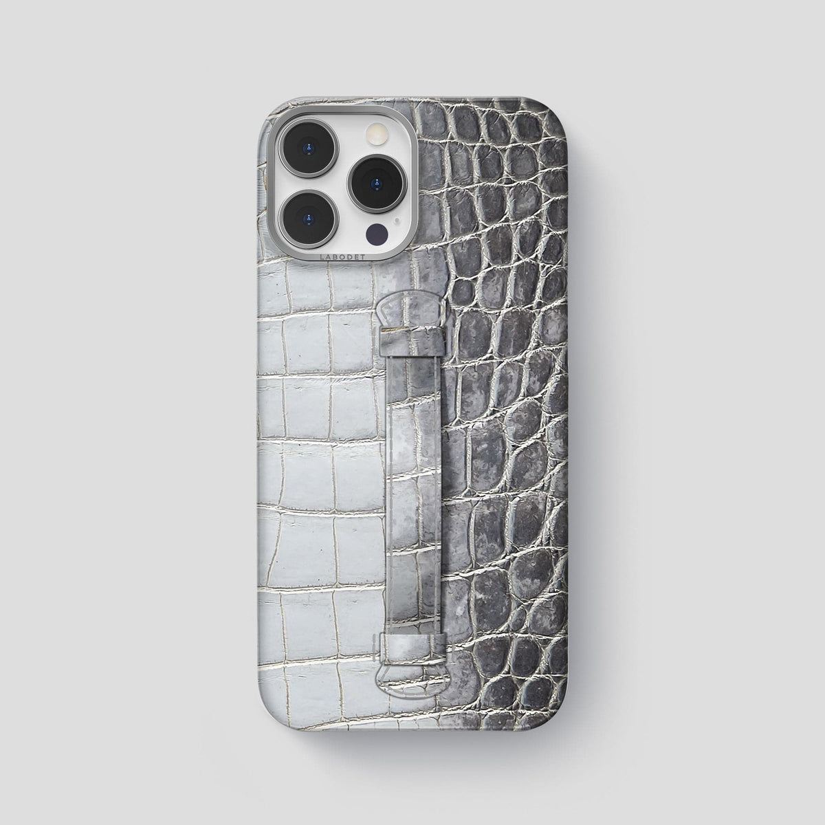 Silver iPhone 15 Pro Max Central Handle Case Himalayan Crocodile with Steel Metal -2 | Silver-Steel