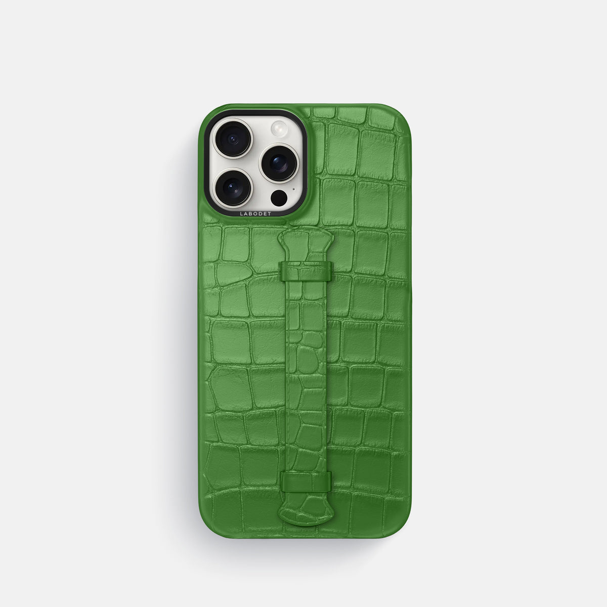 Apple-Green iPhone 16 Pro Centre Handle Case In Alligator with Black Metal -1 | Apple-Green-Black