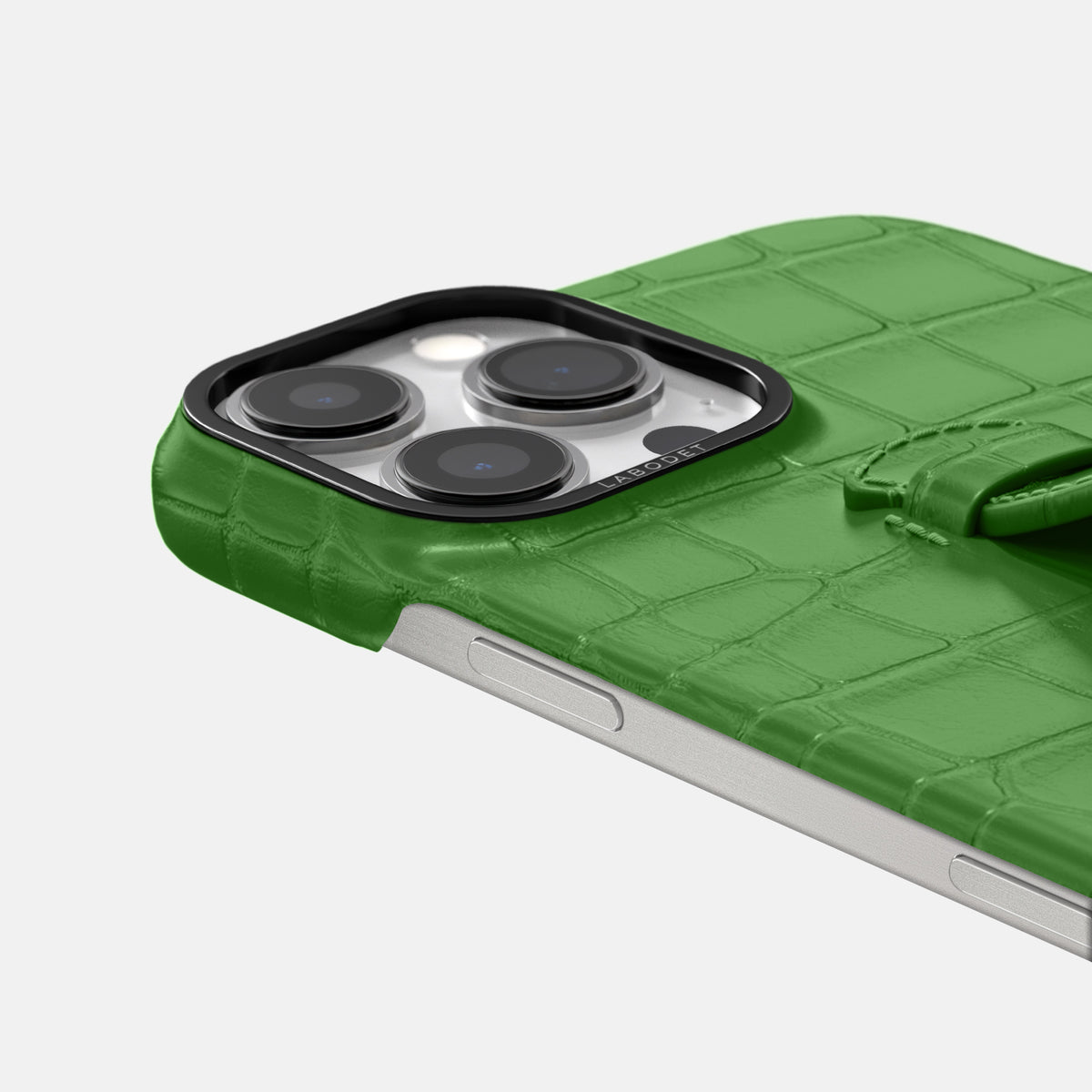 Apple-Green iPhone 16 Pro Centre Handle Case In Alligator with Black Metal -5 | Apple-Green-Black
