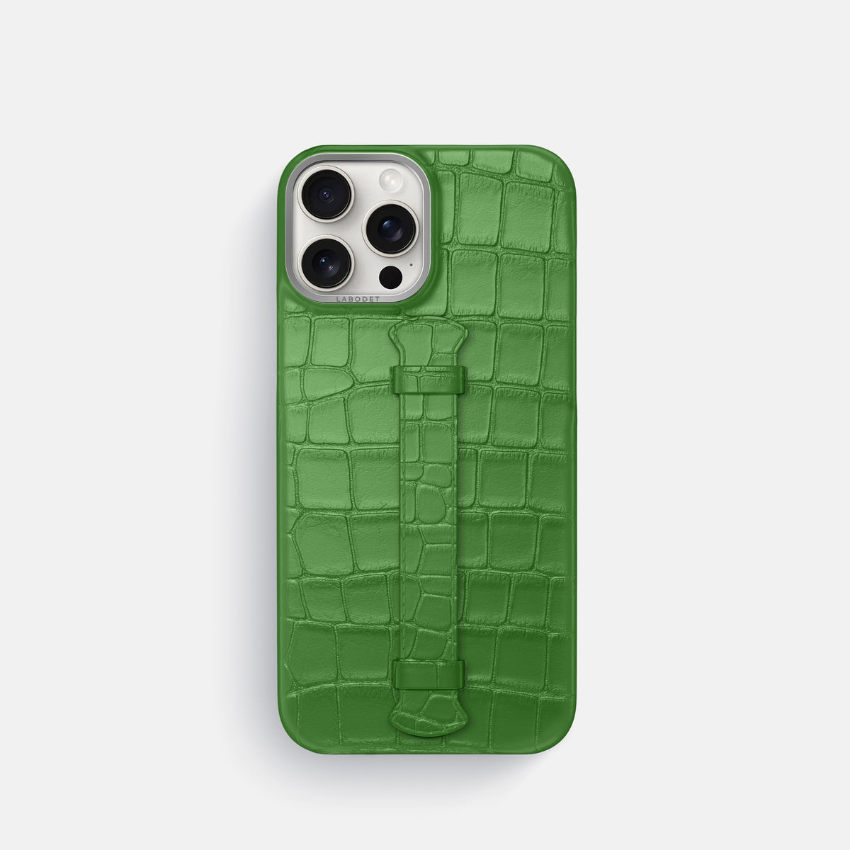 Apple-Green iPhone 16 Pro Centre Handle Case In Alligator with Steel Metal -1 | Apple-Green-Steel