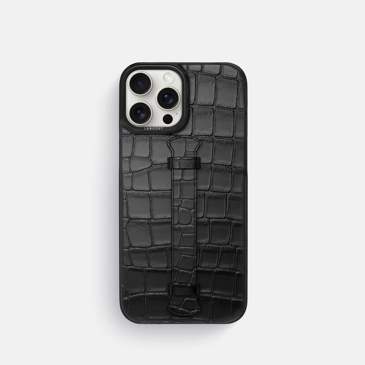 Black iPhone 16 Pro Centre Handle Case In Alligator with Black Metal -1 | Black-Black
