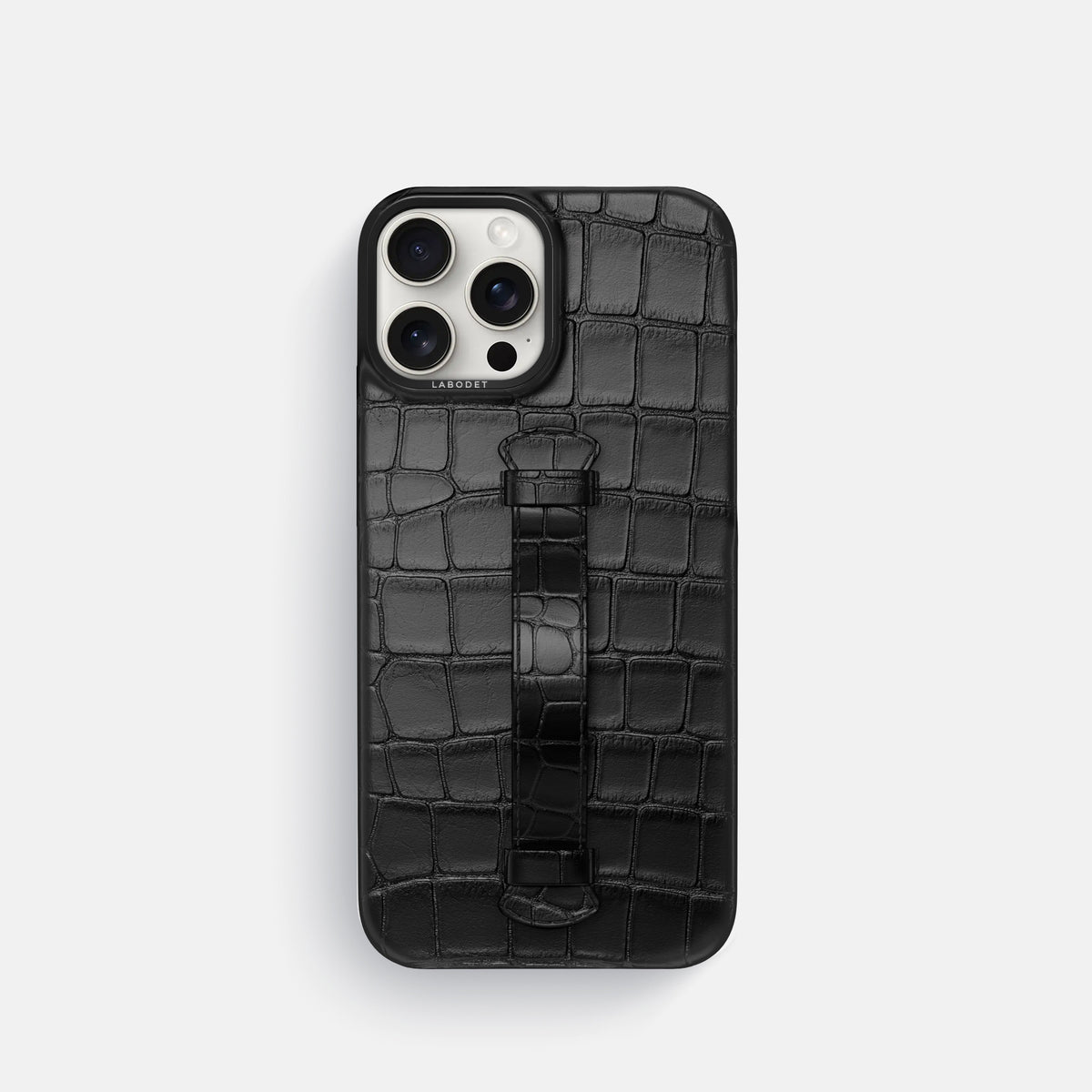 Black iPhone 16 Pro Centre Handle Case In Alligator with Black Metal -2 | Black-Black
