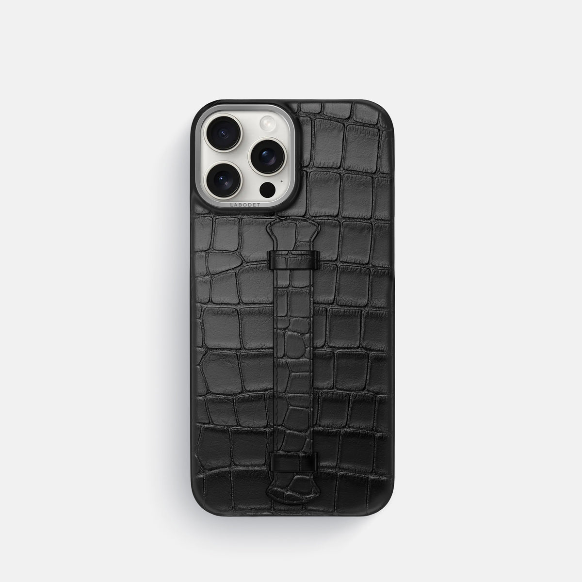 Black iPhone 16 Pro Centre Handle Case In Alligator with Steel Metal -1 | Black-Steel