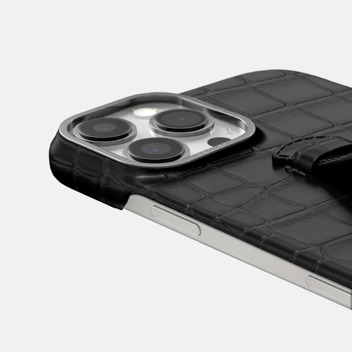 Black iPhone 16 Pro Centre Handle Case In Alligator with Steel Metal -5 | Black-Steel