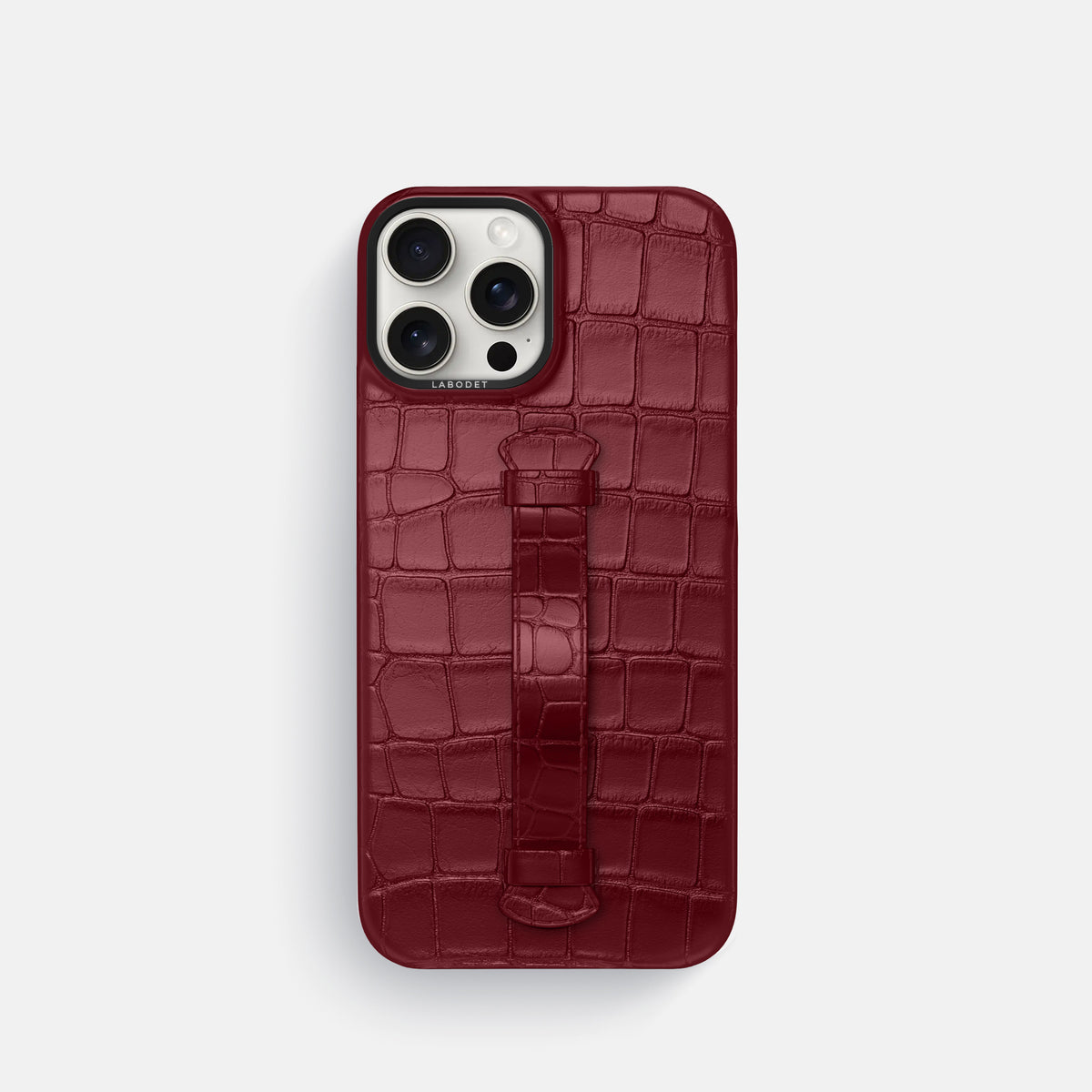 Burgundy iPhone 16 Pro Centre Handle Case In Alligator with Black Metal -2 | Burgundy-Black