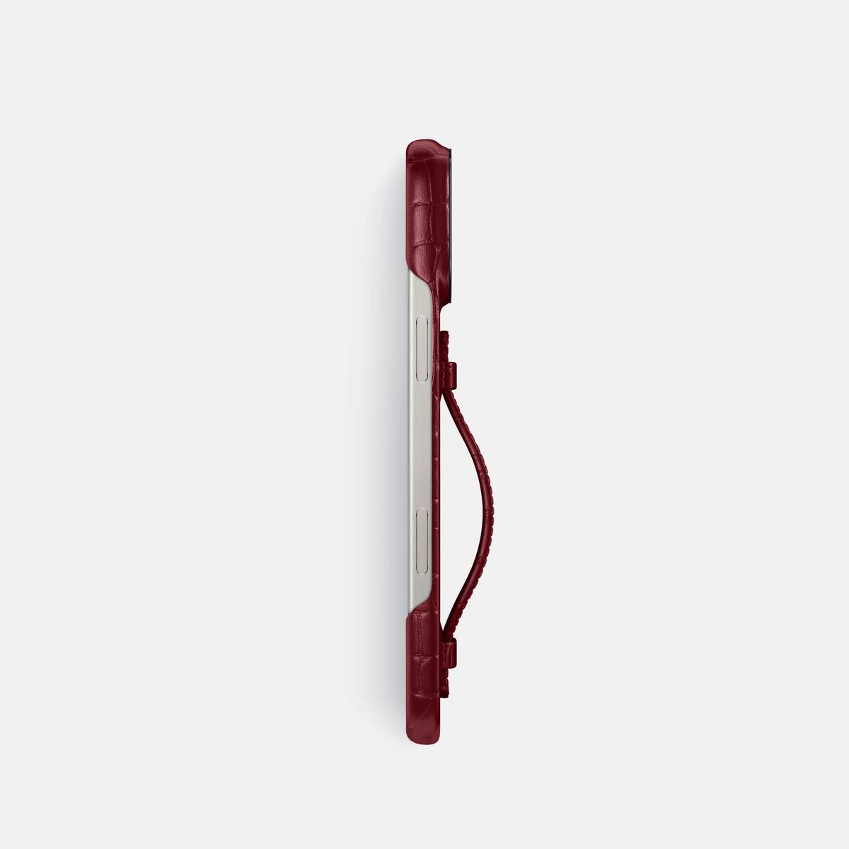 Burgundy iPhone 16 Pro Centre Handle Case In Alligator with Black Metal -3 | Burgundy-Black
