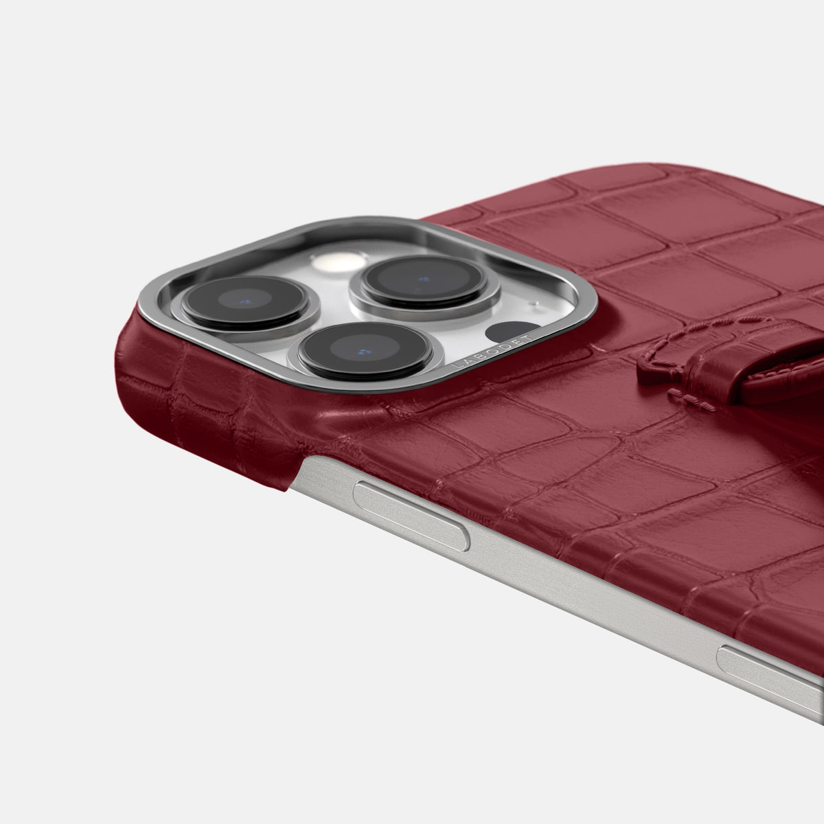 Burgundy iPhone 16 Pro Centre Handle Case In Alligator with Steel Metal -5 | Burgundy-Steel