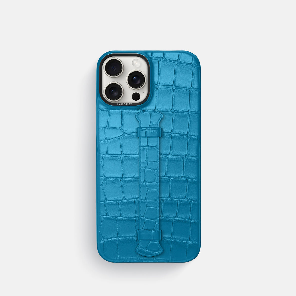 Curaçao-Blue iPhone 16 Pro Centre Handle Case In Alligator with Black Metal -1 | Curaçao-Blue-Black