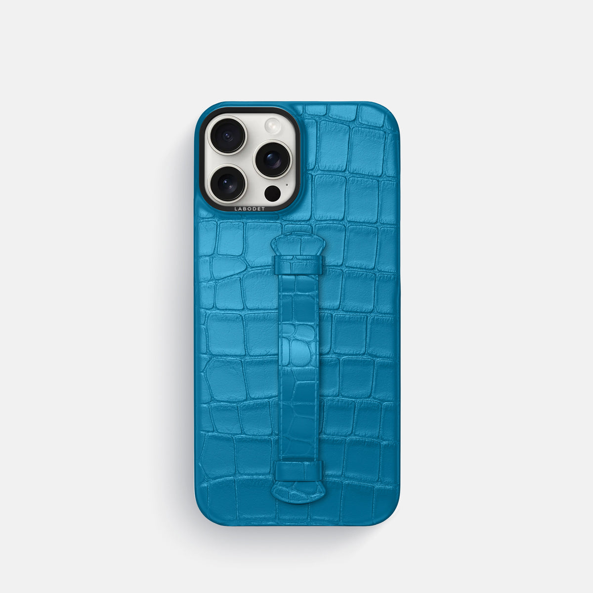 Curaçao-Blue iPhone 16 Pro Centre Handle Case In Alligator with Black Metal -2 | Curaçao-Blue-Black