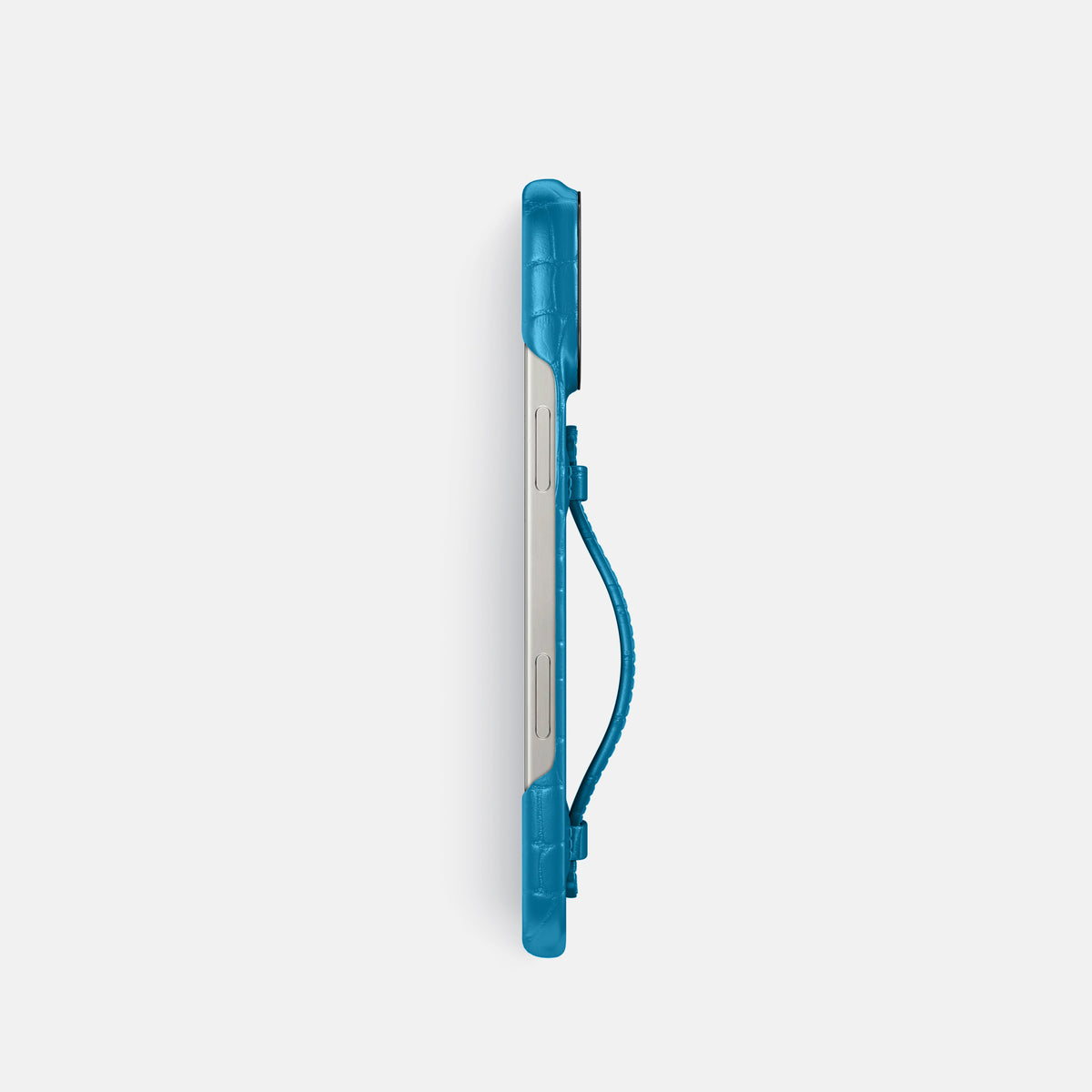 Curaçao-Blue iPhone 16 Pro Centre Handle Case In Alligator with Black Metal -3 | Curaçao-Blue-Black