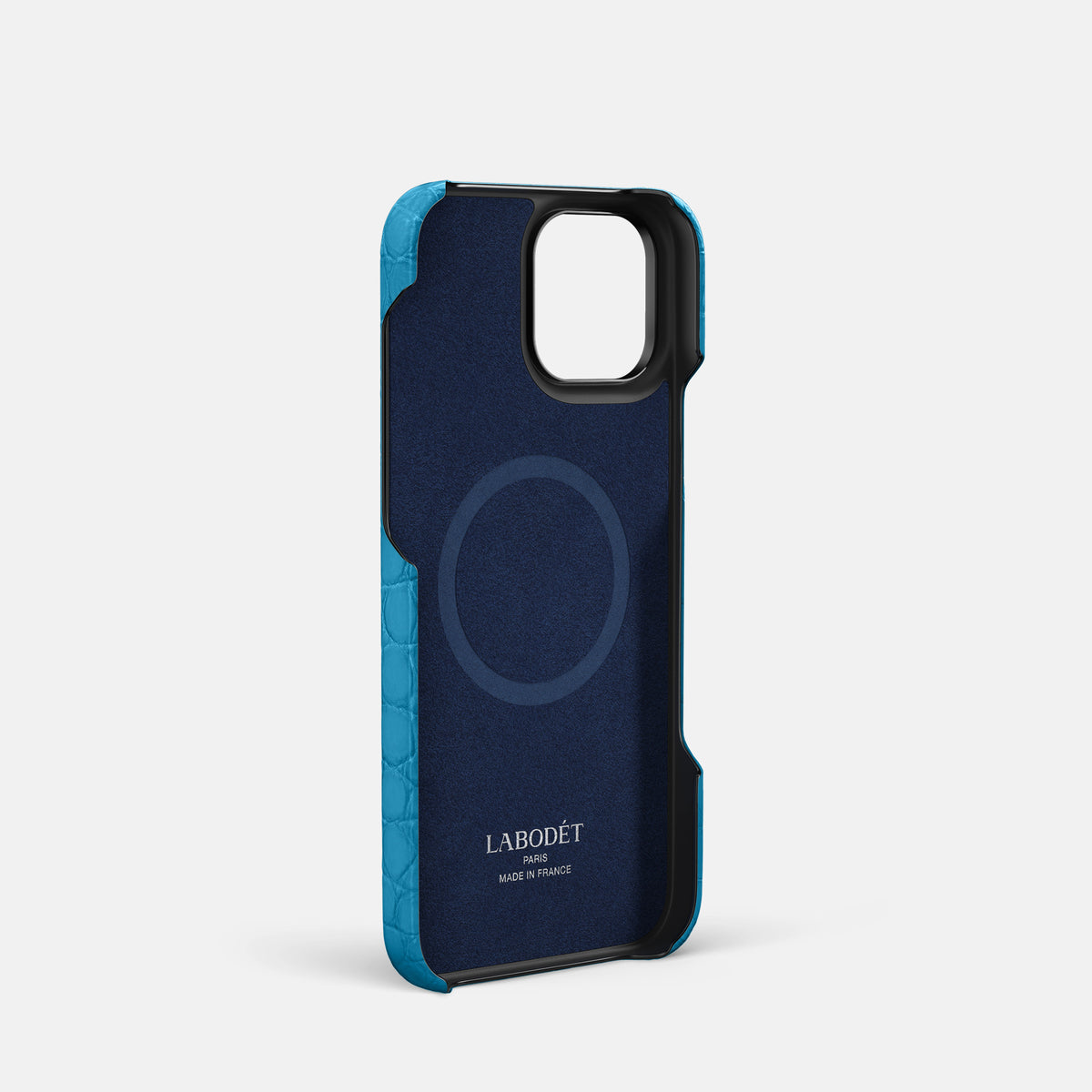 Curaçao-Blue iPhone 16 Pro Centre Handle Case In Alligator with Black Metal -4 | Curaçao-Blue-Black
