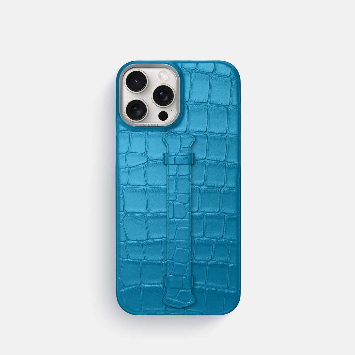 Curaçao-Blue iPhone 16 Pro Centre Handle Case In Alligator with Steel Metal -1 | Curaçao-Blue-Steel