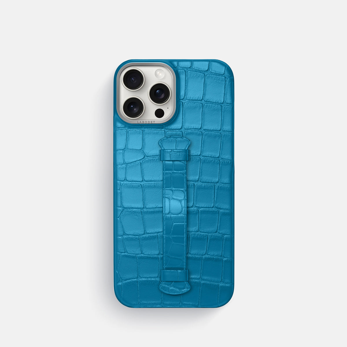 Curaçao-Blue iPhone 16 Pro Centre Handle Case In Alligator with Steel Metal -2 | Curaçao-Blue-Steel