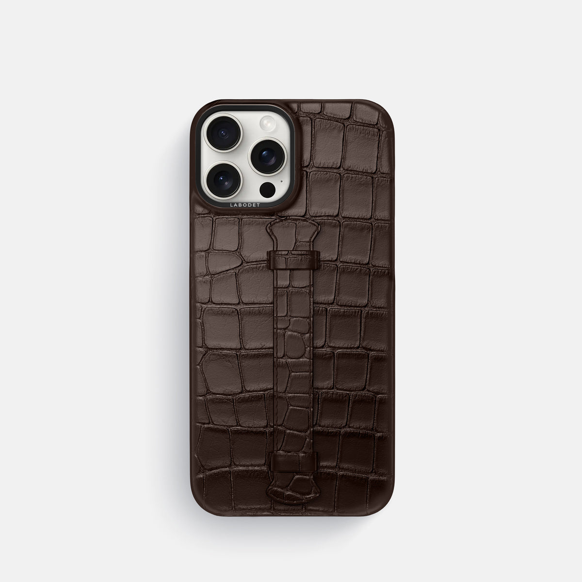 Dark-Brown iPhone 16 Pro Centre Handle Case In Alligator with Black Metal -1 | Dark-Brown-Black