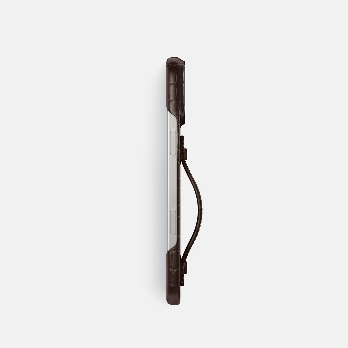 Dark-Brown iPhone 16 Pro Centre Handle Case In Alligator with Black Metal -3 | Dark-Brown-Black