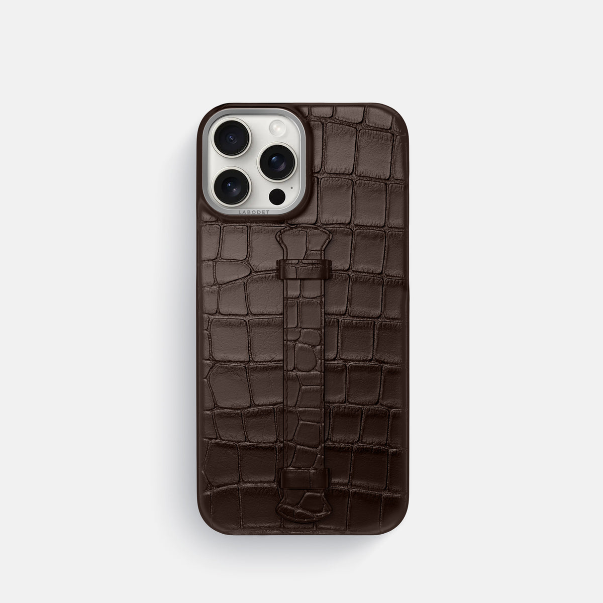 Dark-Brown iPhone 16 Pro Centre Handle Case In Alligator with Steel Metal -1 | Dark-Brown-Steel