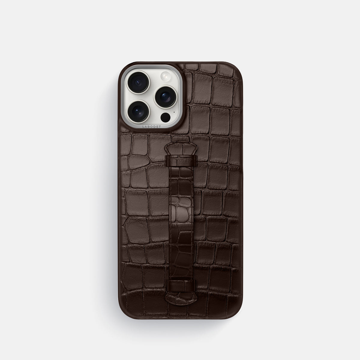 Dark-Brown iPhone 16 Pro Centre Handle Case In Alligator with Steel Metal -2 | Dark-Brown-Steel