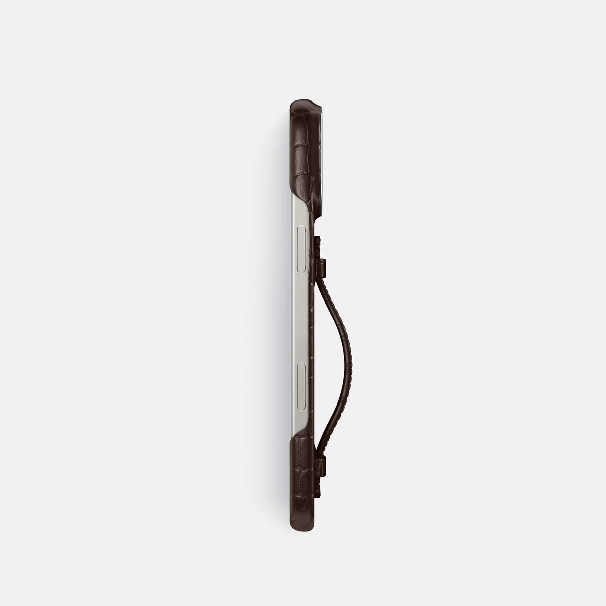 Dark-Brown iPhone 16 Pro Centre Handle Case In Alligator with Steel Metal -3 | Dark-Brown-Steel