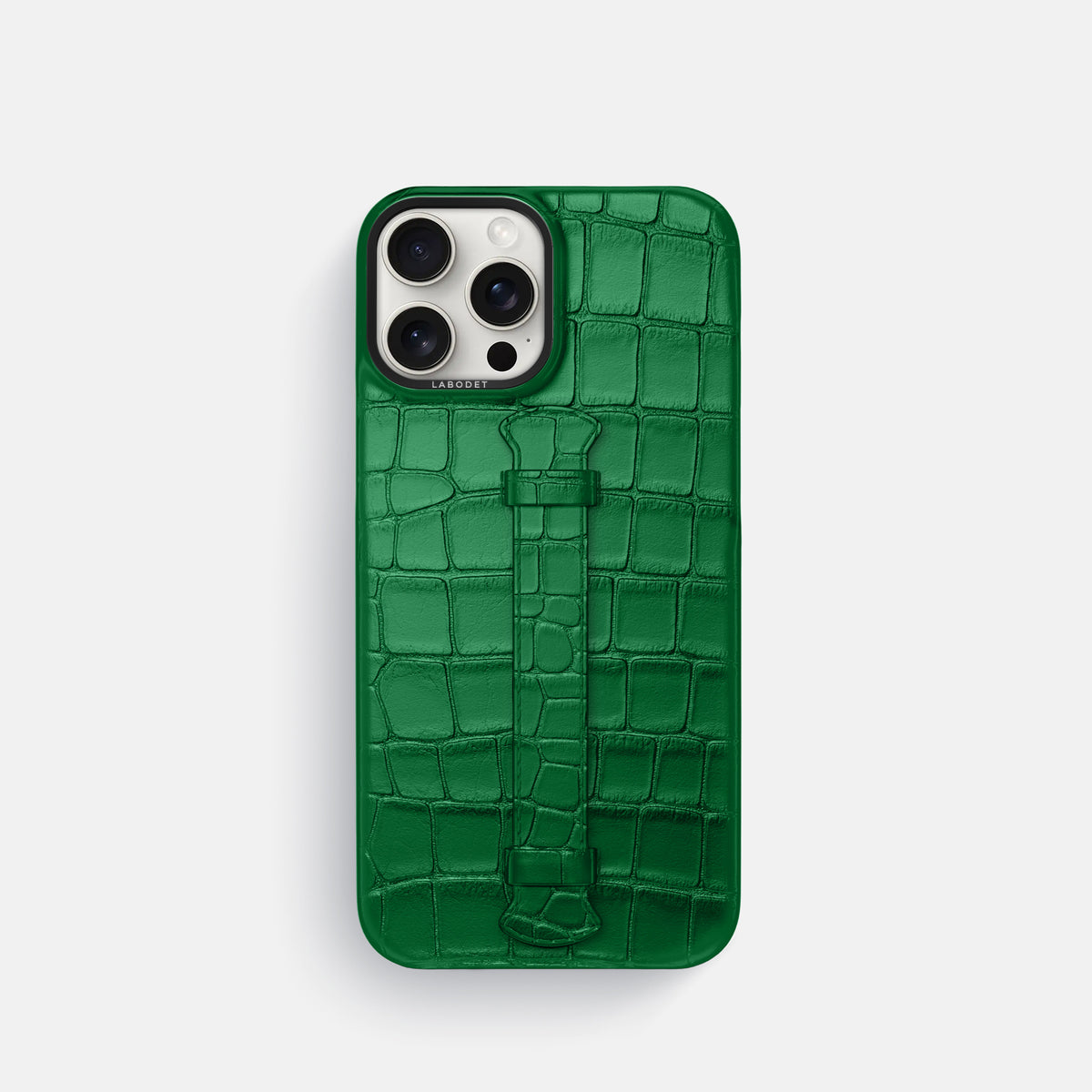 Forest-Green iPhone 16 Pro Centre Handle Case In Alligator with Black Metal -1 | Forest-Green-Black