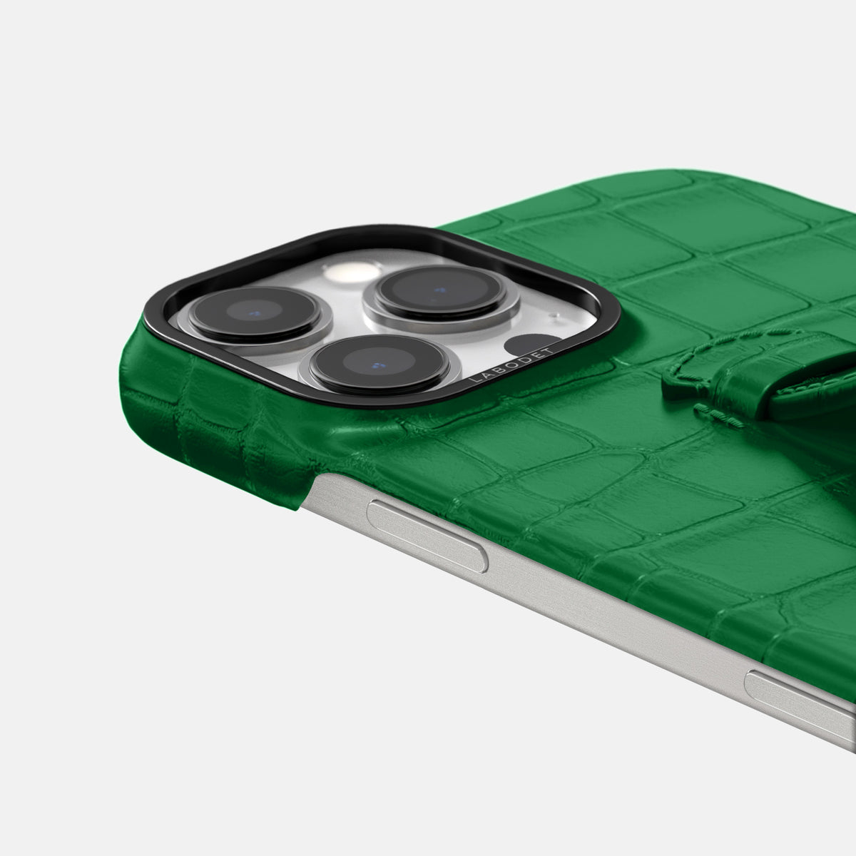 Forest-Green iPhone 16 Pro Centre Handle Case In Alligator with Black Metal -5 | Forest-Green-Black