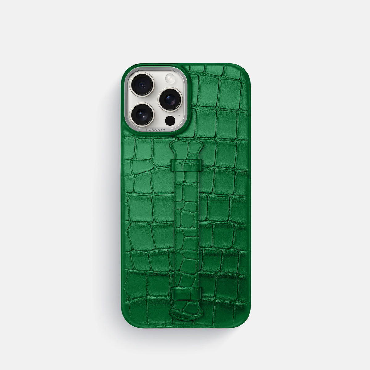 Forest-Green iPhone 16 Pro Centre Handle Case In Alligator with Steel Metal -1 | Forest-Green-Steel