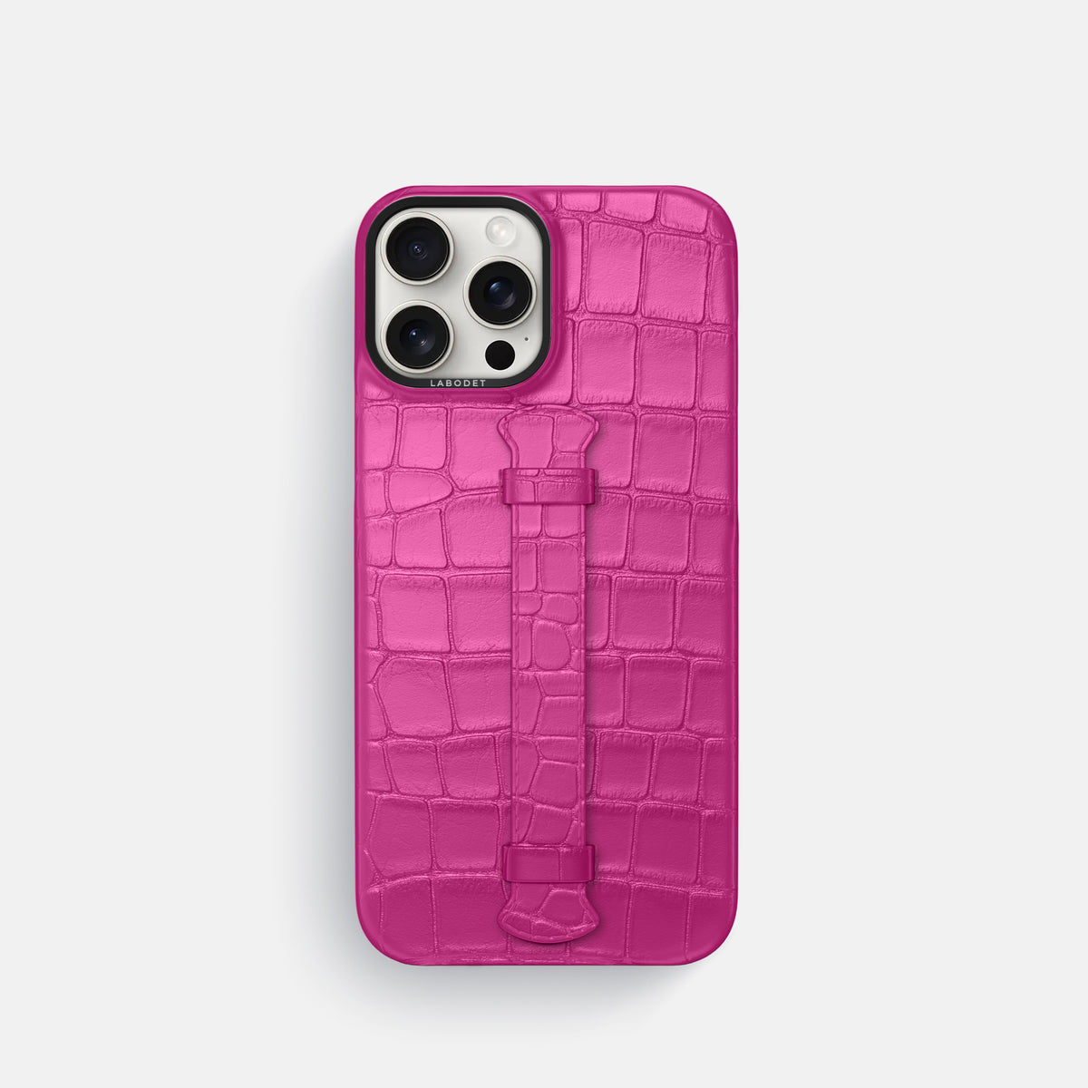Fuchsia iPhone 16 Pro Centre Handle Case In Alligator with Black Metal -1 | Fuchsia-Black