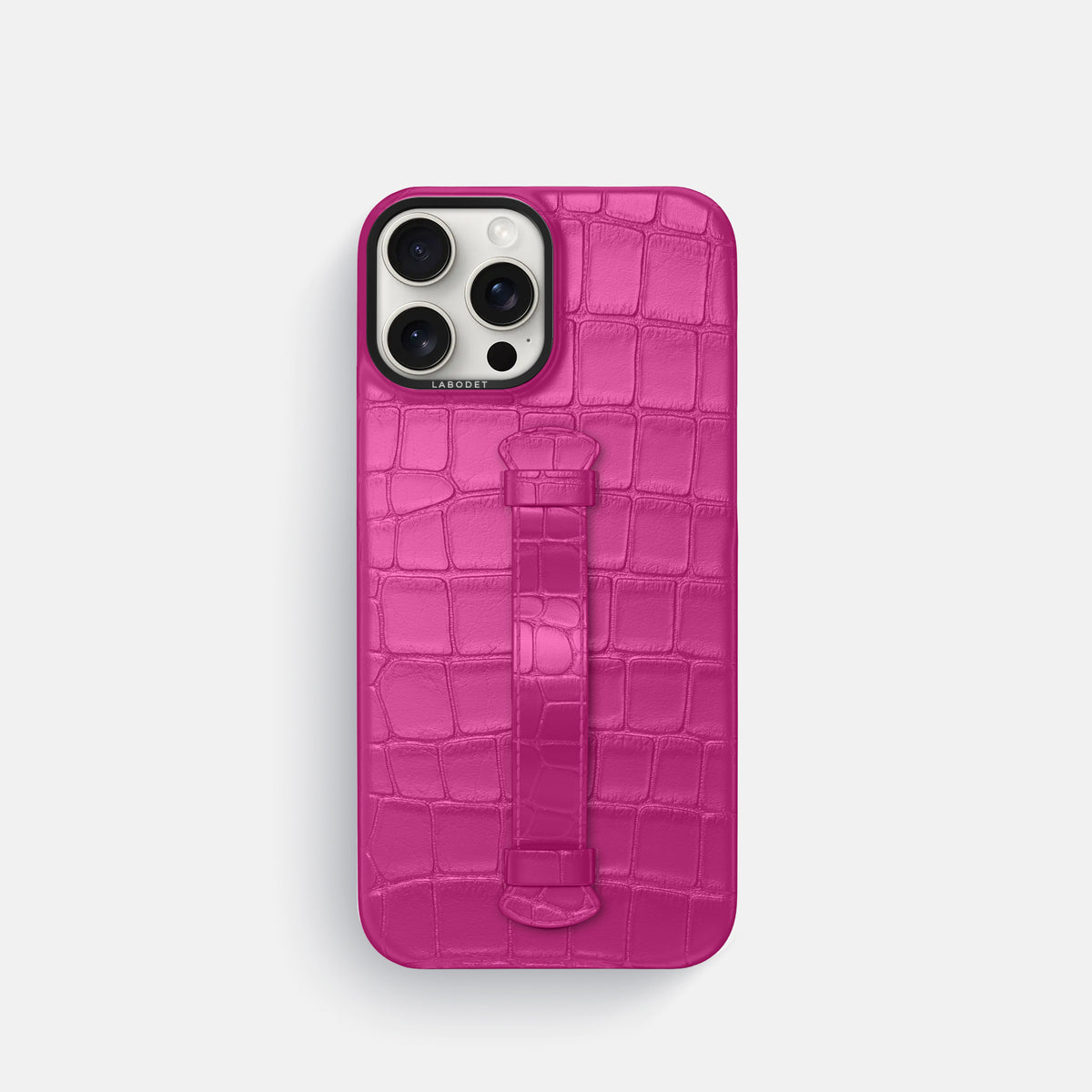Fuchsia iPhone 16 Pro Centre Handle Case In Alligator with Black Metal -2 | Fuchsia-Black