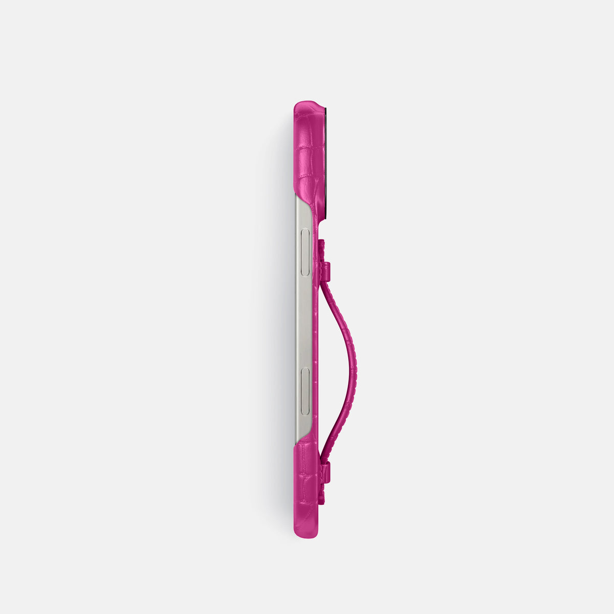 Fuchsia iPhone 16 Pro Centre Handle Case In Alligator with Black Metal -3 | Fuchsia-Black