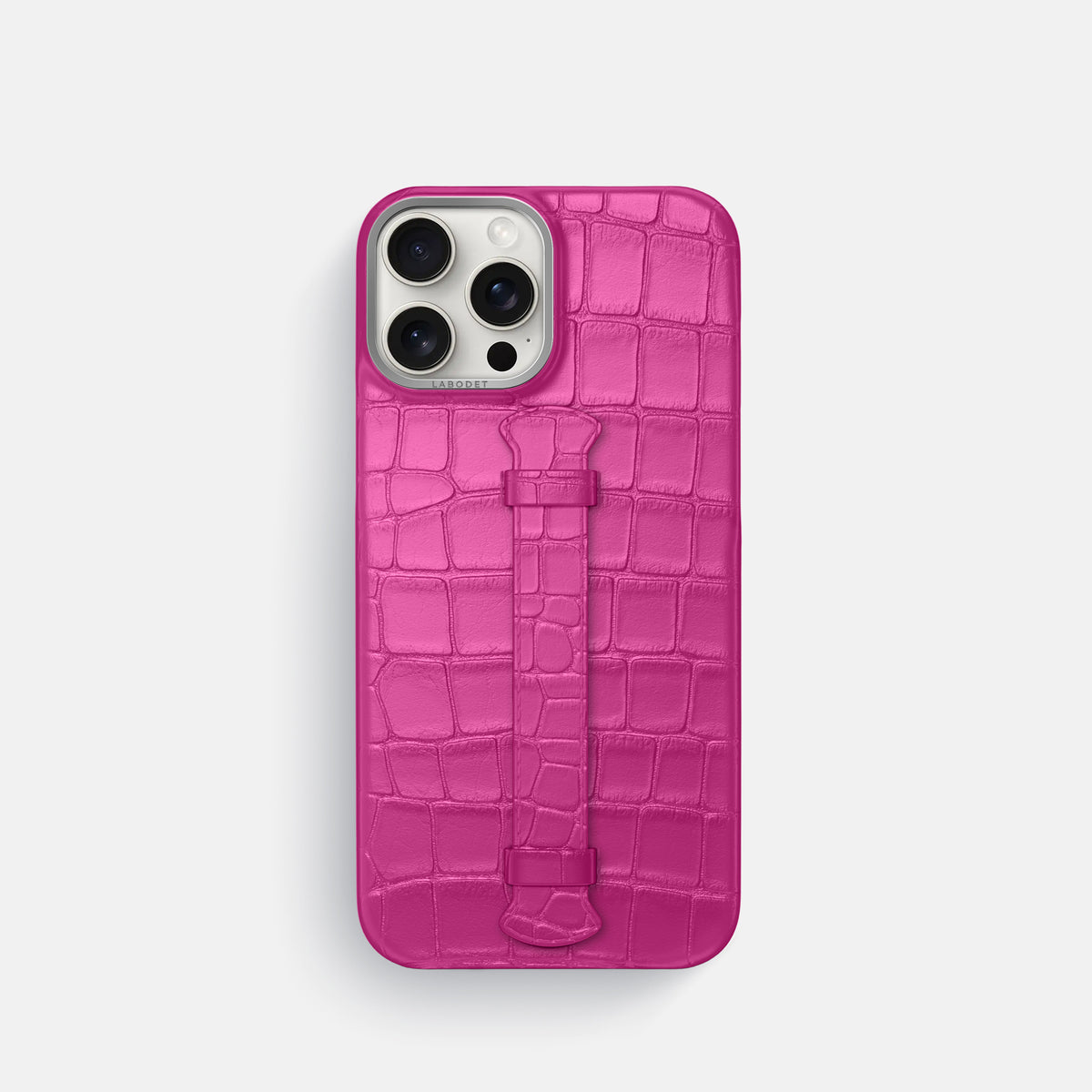 Fuchsia iPhone 16 Pro Centre Handle Case In Alligator with Steel Metal -1 | Fuchsia-Steel