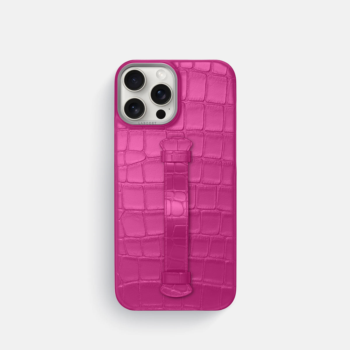 Fuchsia iPhone 16 Pro Centre Handle Case In Alligator with Steel Metal -2 | Fuchsia-Steel